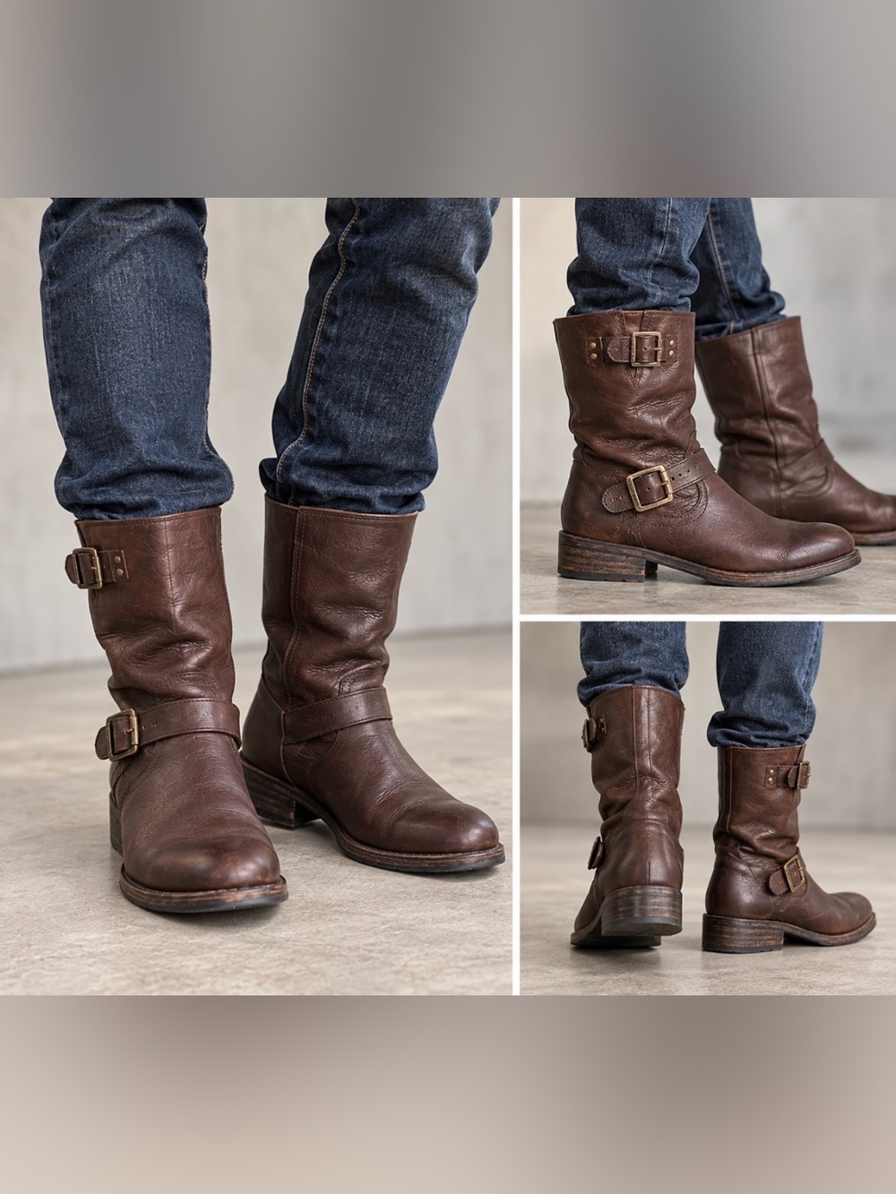 Frye Men’s Brown Leather Engineer Boots Double Buckle Size 11